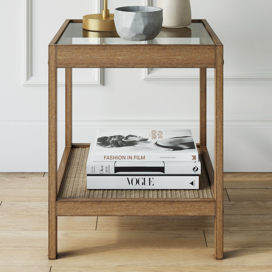 Solid Wood, Rattan & Glass Top End Table