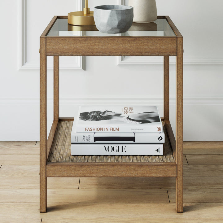 Solid Wood, Rattan & Glass Top End Table