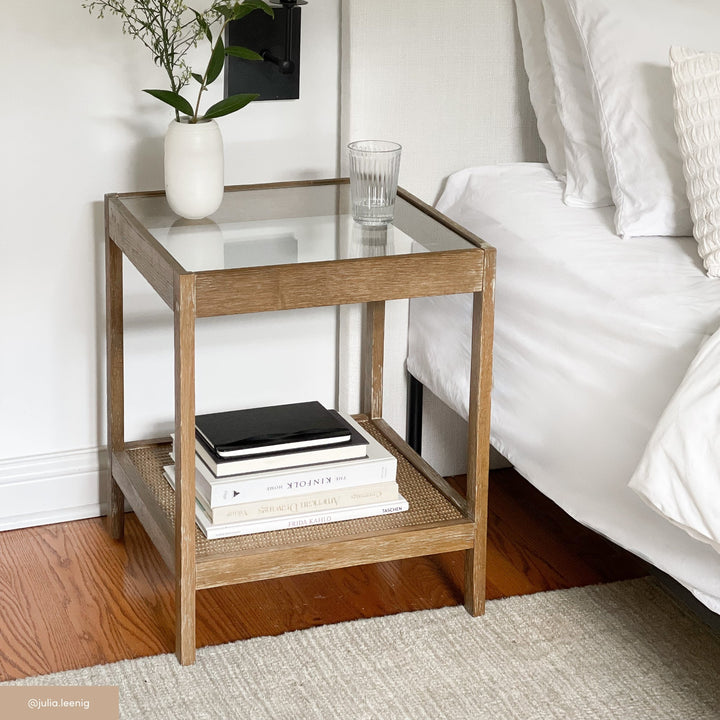 Solid Wood, Rattan & Glass Top End Table