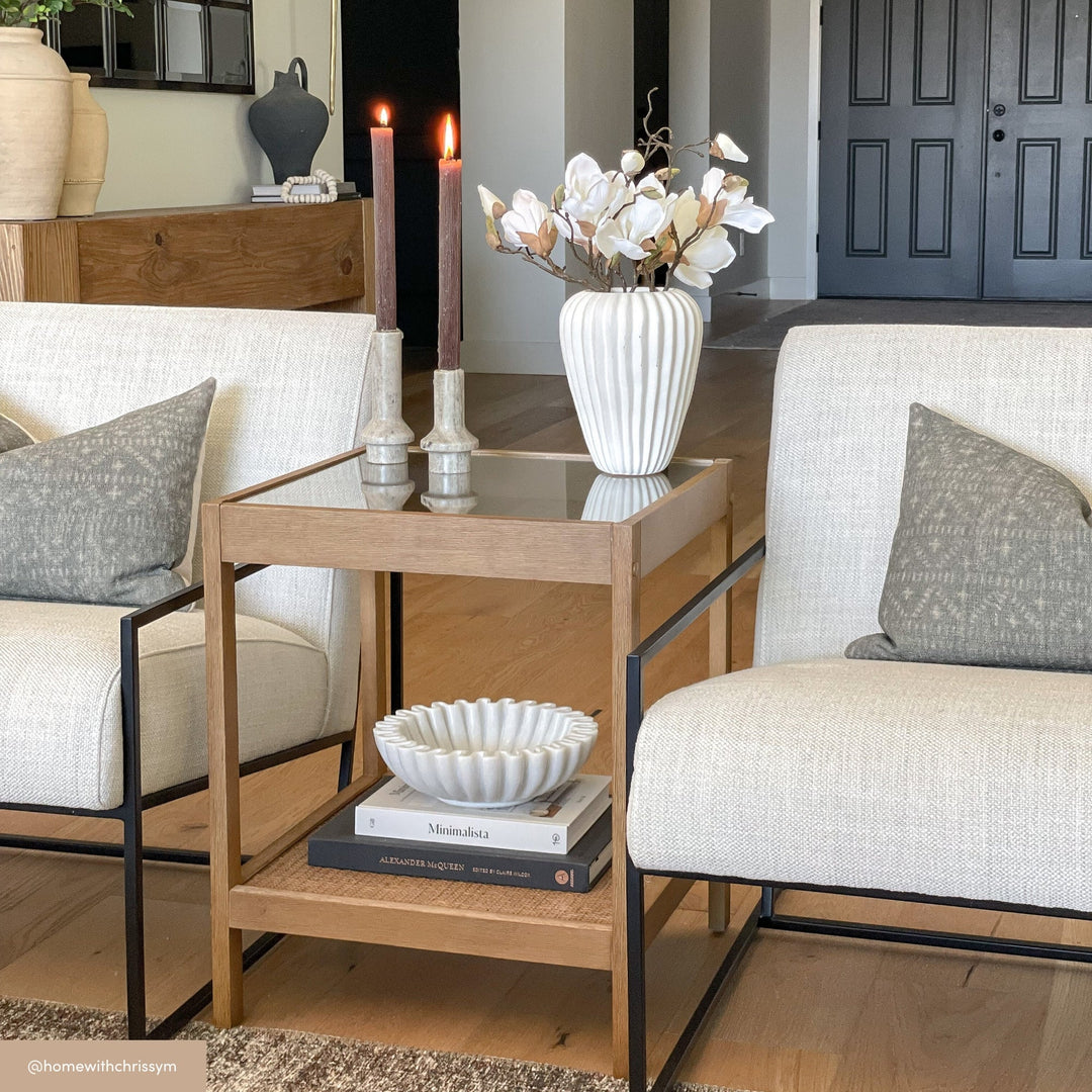 Solid Wood, Rattan & Glass Top End Table