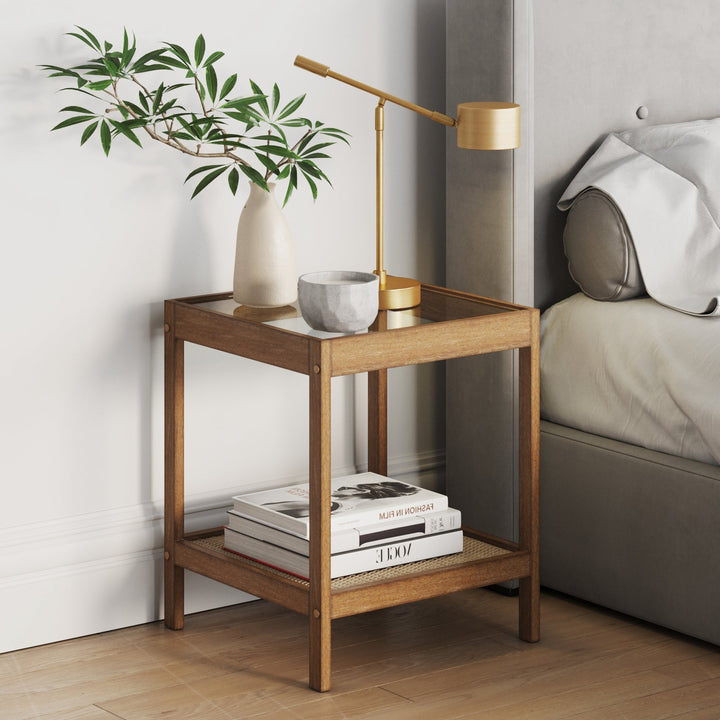 Solid Wood, Rattan & Glass Top End Table