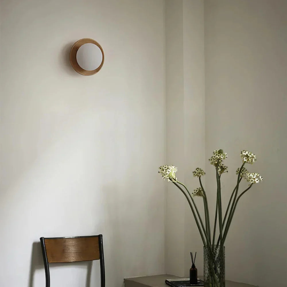 Natural Wood Wall Light with Opal Globe | Walnut or Oak Tone