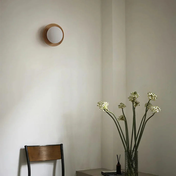 Natural Wood Wall Light with Opal Globe | Walnut or Oak Tone