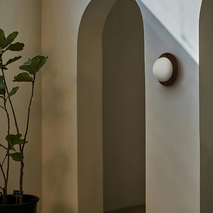 Natural Wood Wall Light with Opal Globe | Walnut or Oak Tone