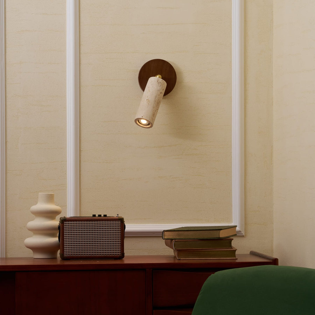 Travertine Spotlight Wall Light | Adjustable, Wood Backplate