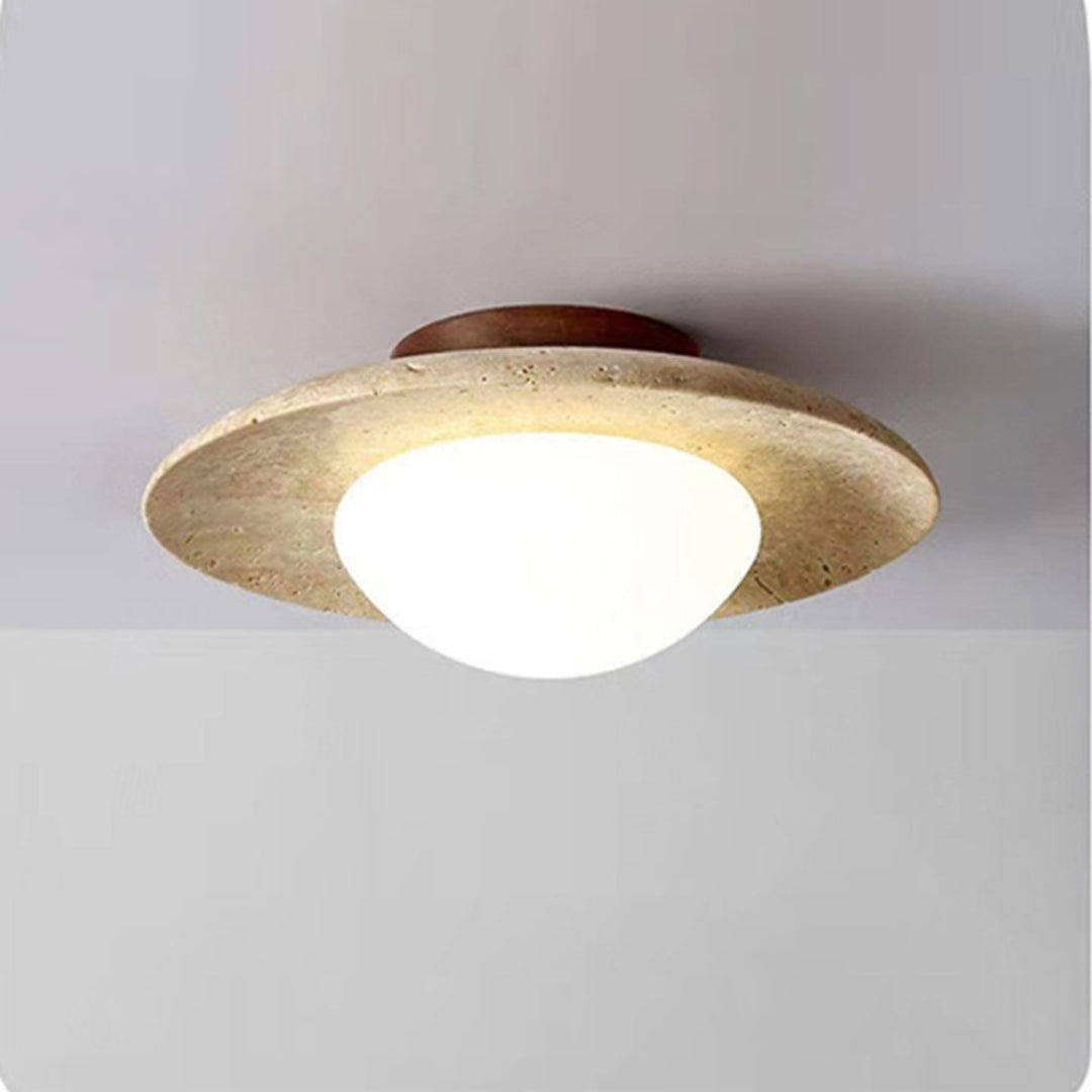 Travertine and Walnut Ceiling Light | Opal Dome, 25 cm