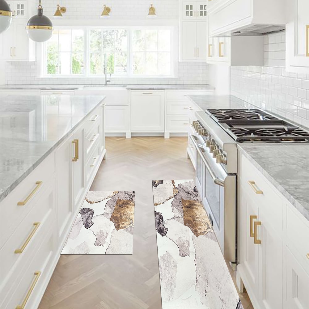 Gold Abstract Non-Slip Kitchen Runner Mats, Set of 2