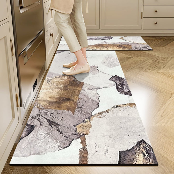 Gold Abstract Non-Slip Kitchen Runner Mats, Set of 2