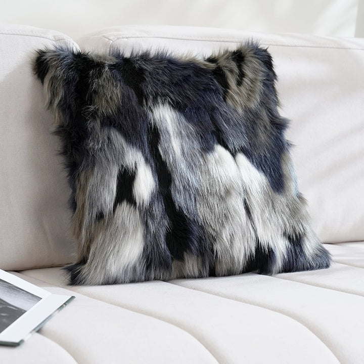 Faux Fur and Velvet Cushion Cover in Blue and Grey