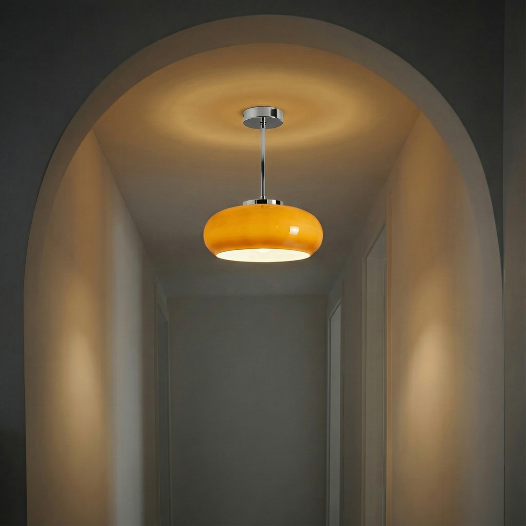 Vintage Amber Glass Flush Mount Ceiling Light With Brass Canopy