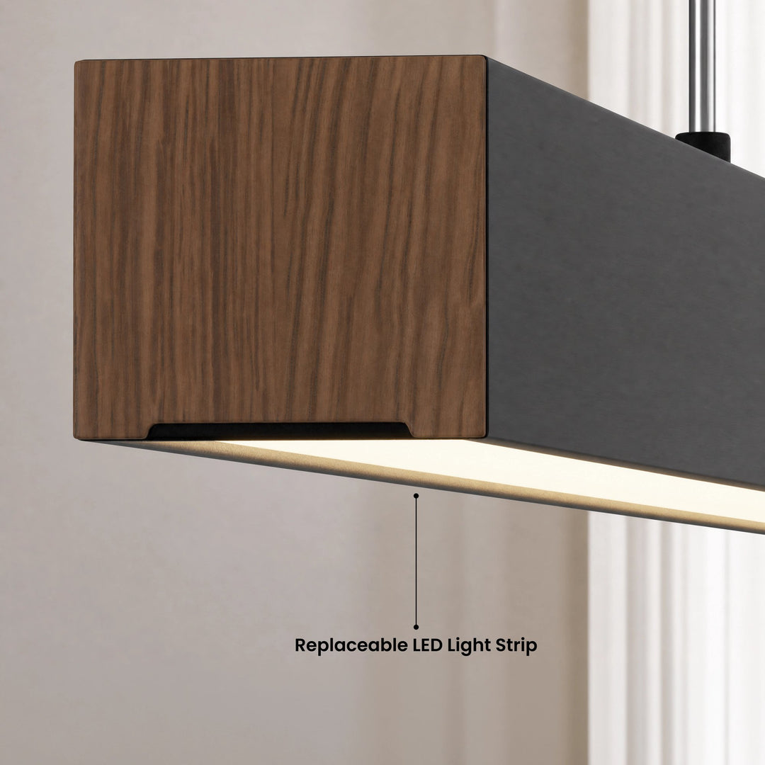 Linear LED Pendant Light | Black or Copper, Wood Detail