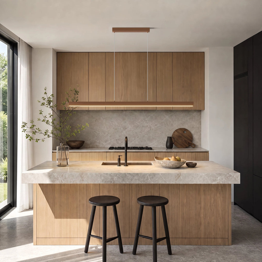 Linear LED Pendant Light | Black or Copper, Wood Detail