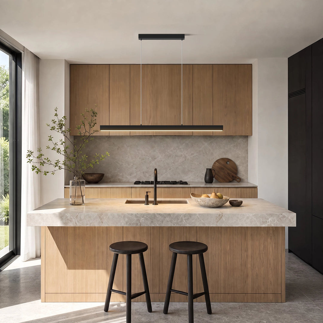 Linear LED Pendant Light | Black or Copper, Wood Detail