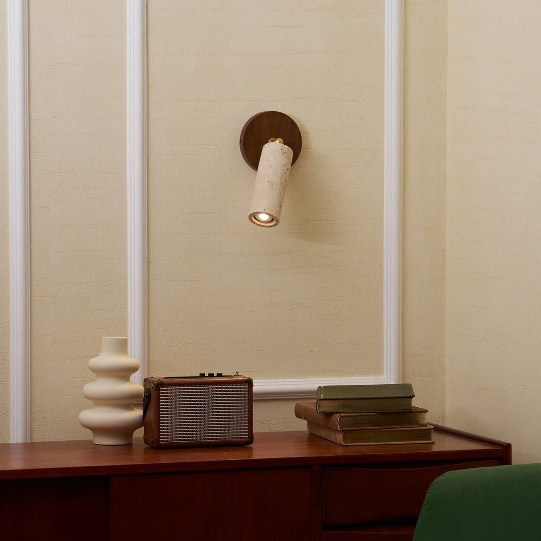 Travertine Spotlight Wall Light | Adjustable, Wood Backplate