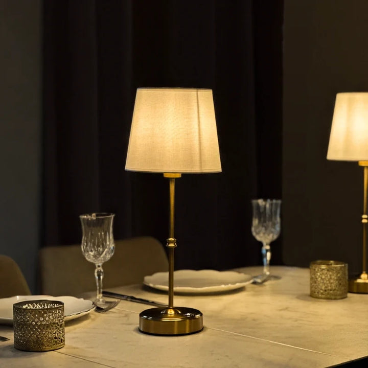 Brushed Metal Cordless Table Lamp with Fabric Shade