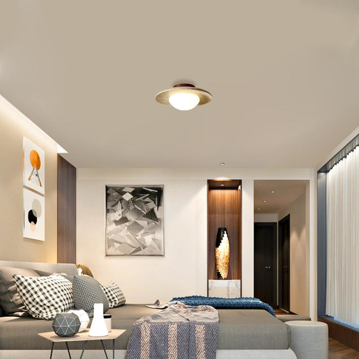 Travertine and Walnut Ceiling Light | Opal Dome, 25 cm