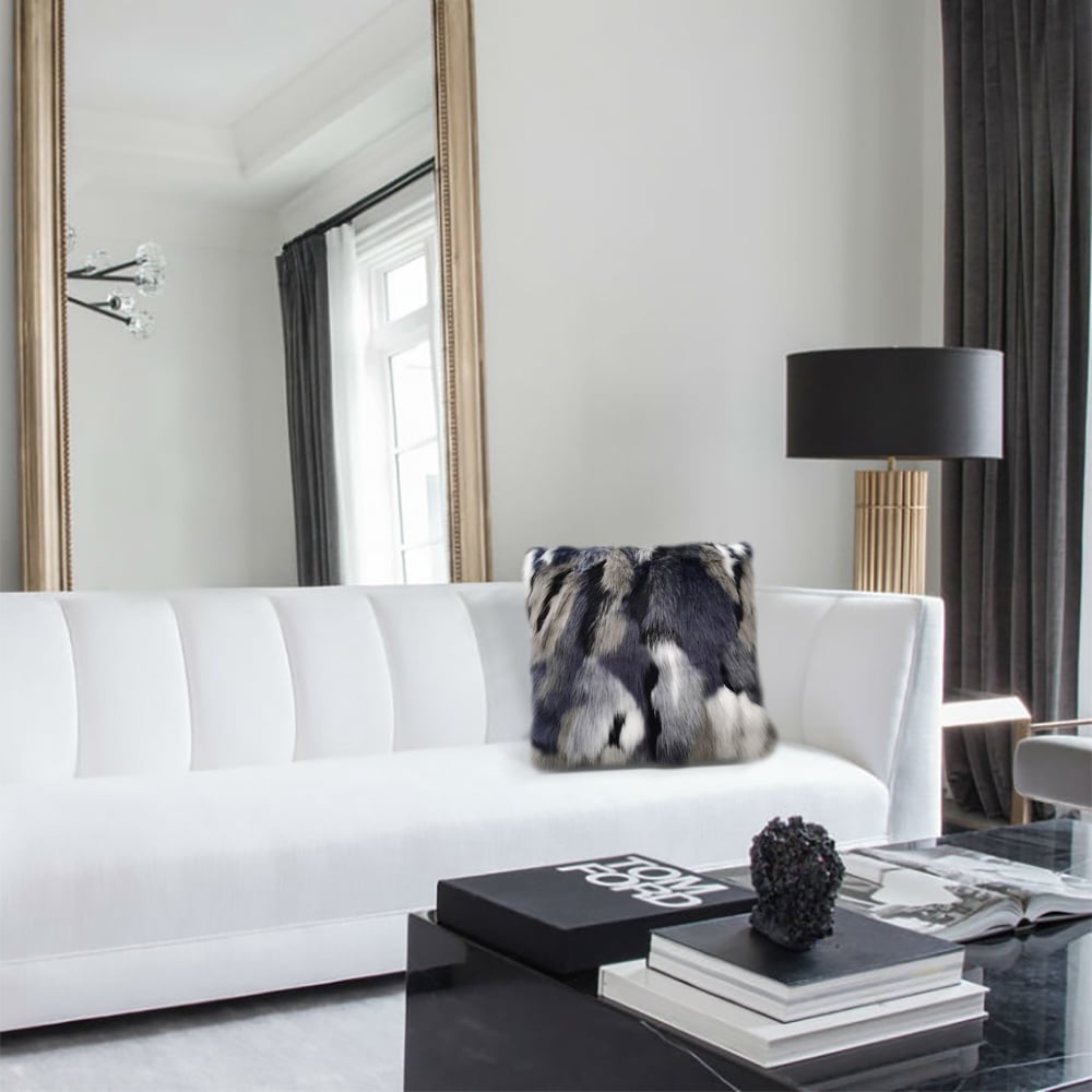 Faux Fur and Velvet Cushion Cover in Blue and Grey