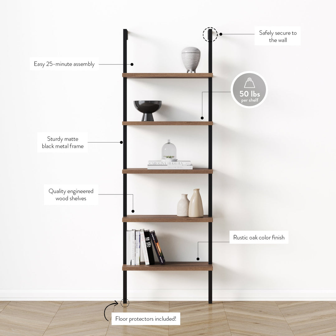5-Shelf Ladder Bookshelf Oak Matte Black