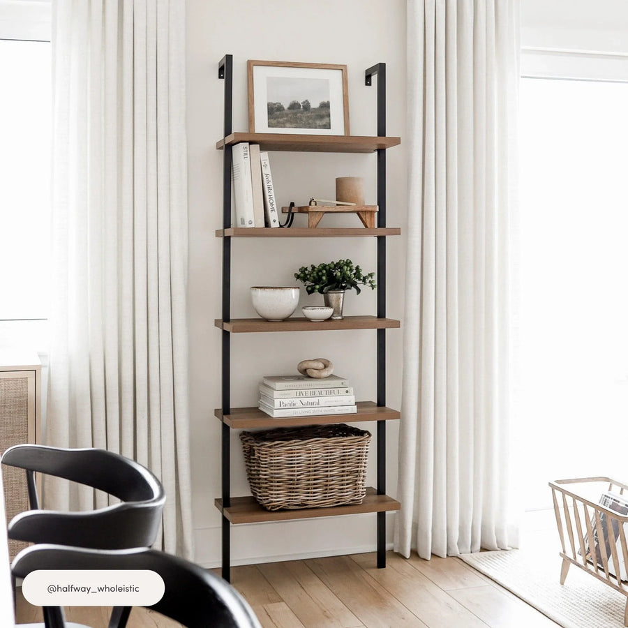 5-Shelf Ladder Bookshelf Oak Matte Black
