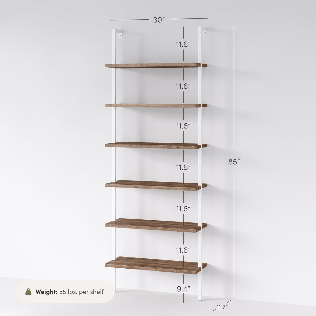 6-Shelf Ladder Bookshelf Oak Matte White