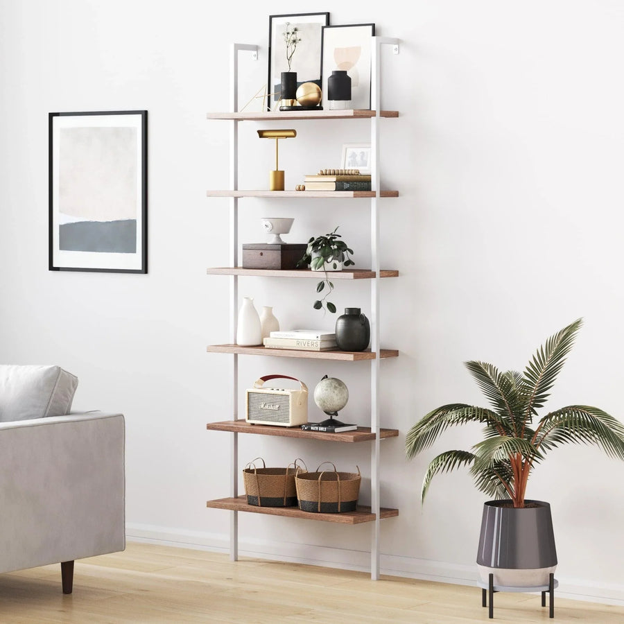 6-Shelf Ladder Bookshelf Oak Matte White