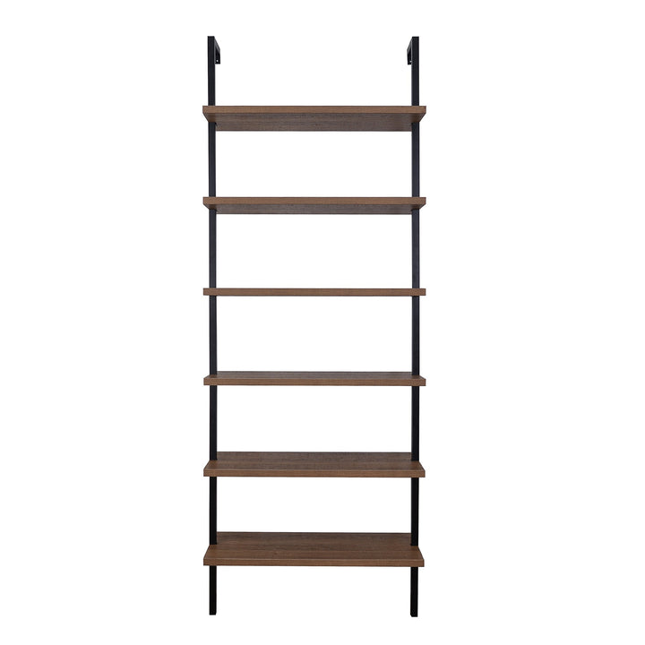 6-Shelf Ladder Bookshelf Oak Matte Black