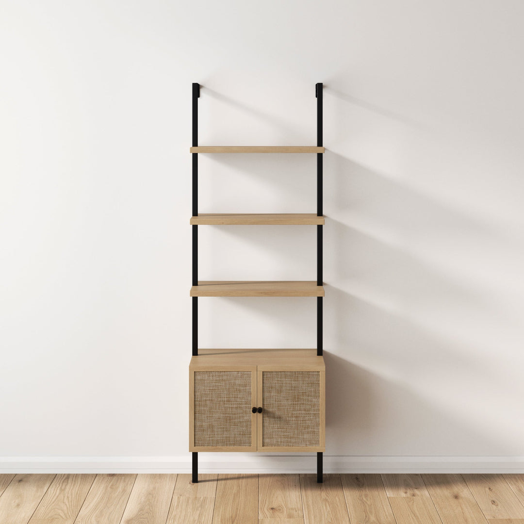 Rattan Ladder Storage Bookshelf with Doors Light Oak
