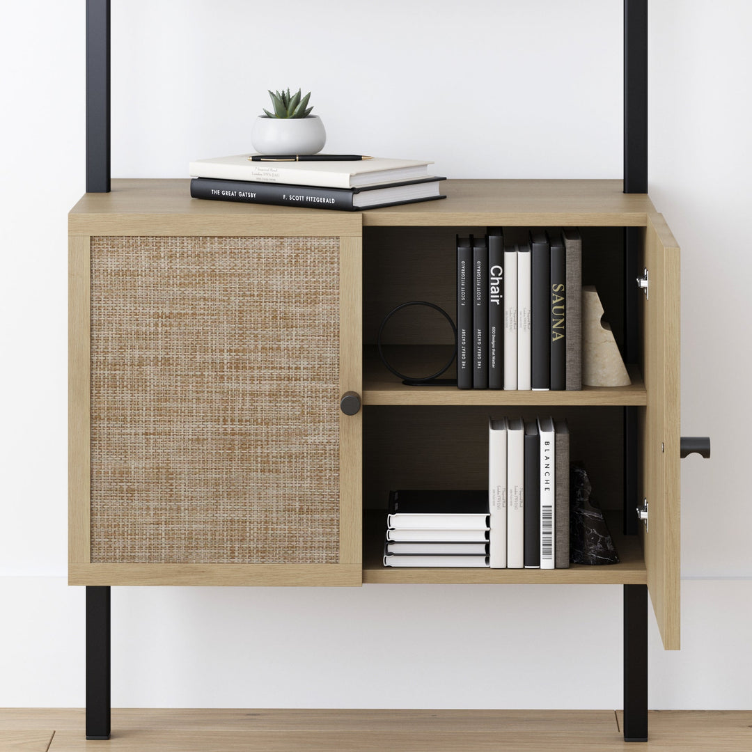 Rattan Ladder Storage Bookshelf with Doors Light Oak