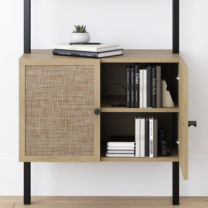 Rattan Ladder Storage Bookshelf with Doors Light Oak