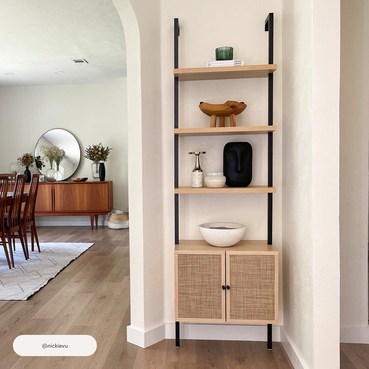 Rattan Ladder Storage Bookshelf with Doors Light Oak