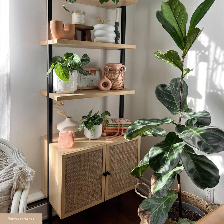 Rattan Ladder Storage Bookshelf with Doors Light Oak