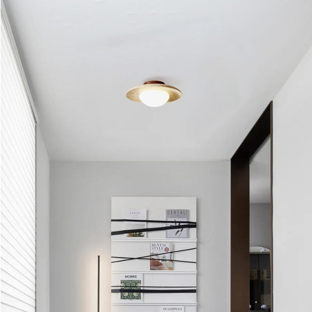 Travertine and Walnut Ceiling Light | Opal Dome, 25 cm