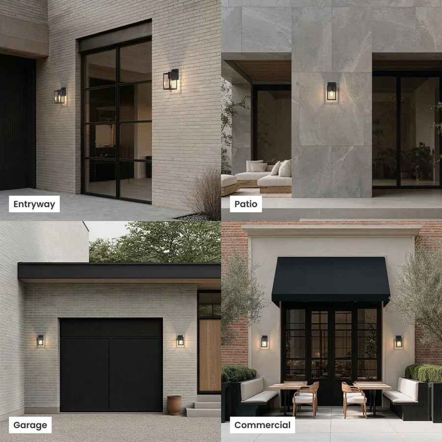 Glass Panel Outdoor Lantern | Black Steel, Warm White