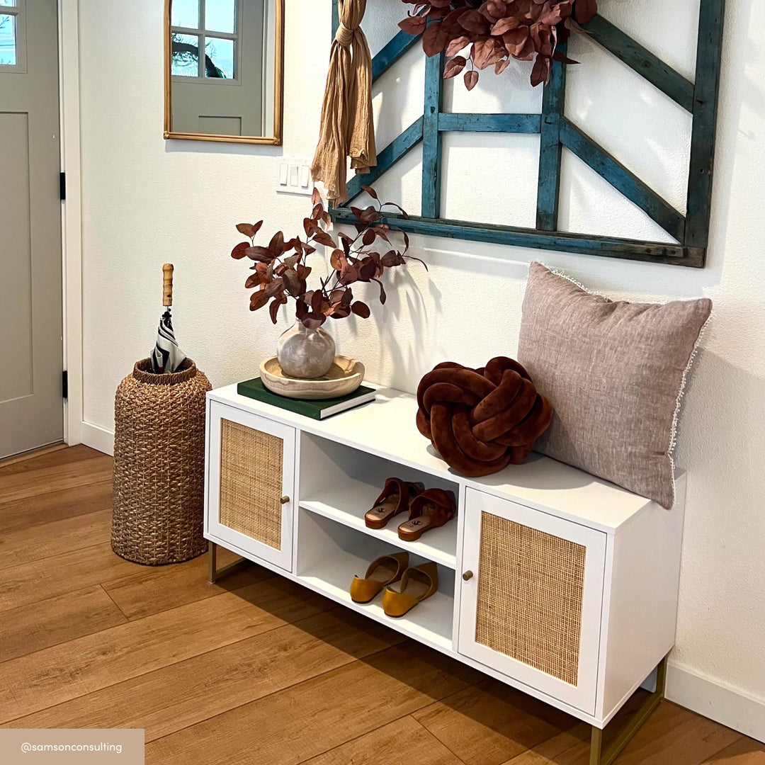 Rattan & Wood 2-Door TV Cabinet White