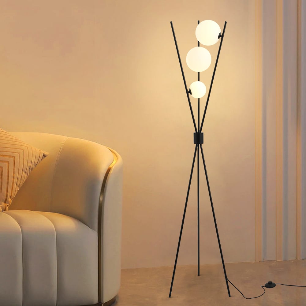 Black Tripod Floor Lamp with Three Glass Shades