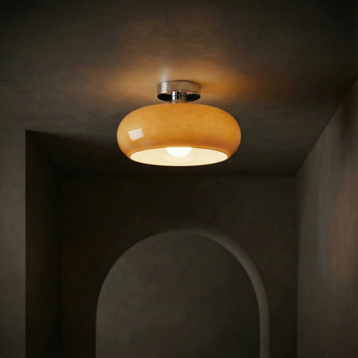 Vintage Amber Glass Flush Mount Ceiling Light With Brass Canopy