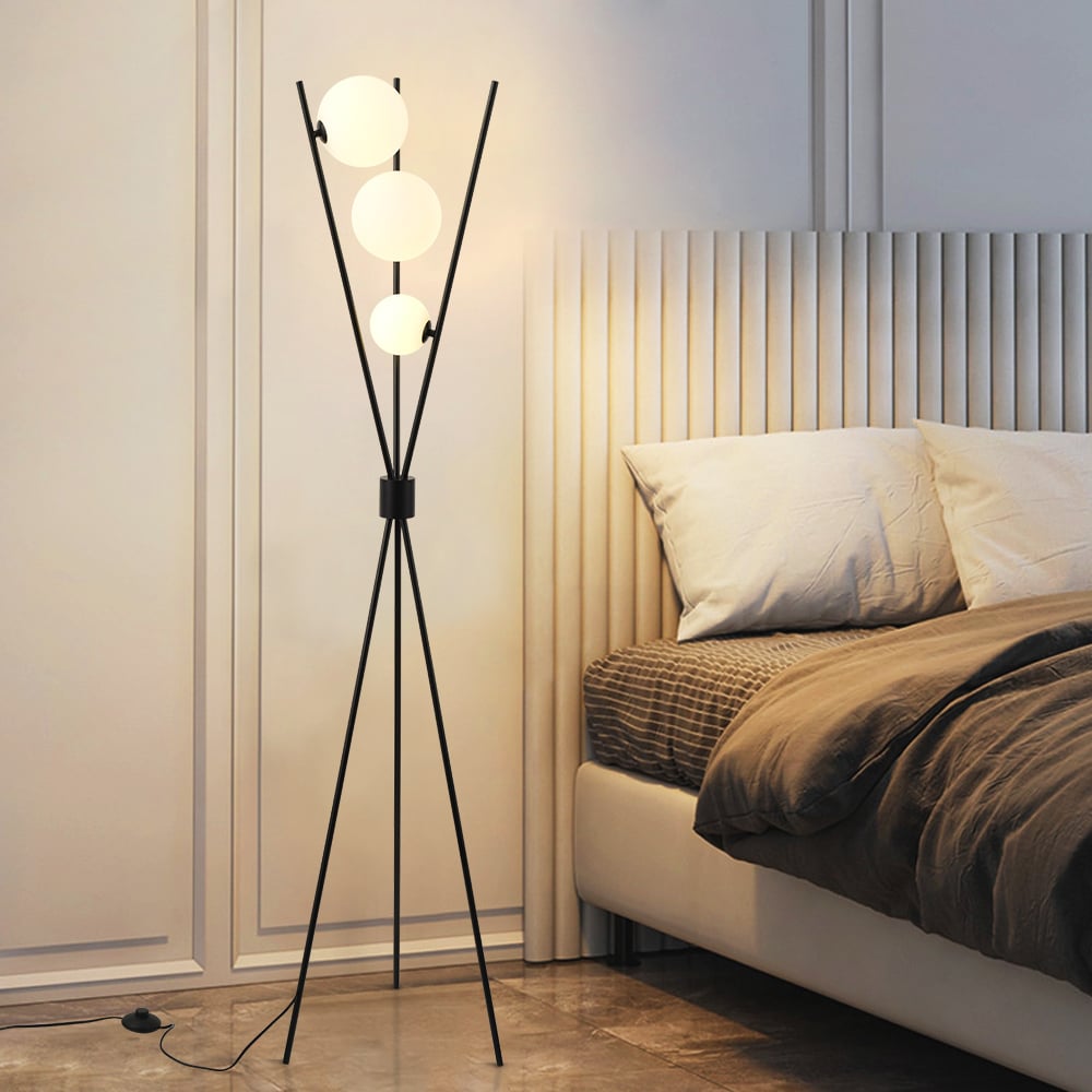 Black Tripod Floor Lamp with Three Glass Shades