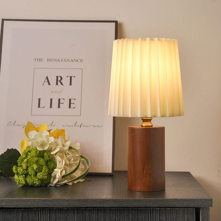 Vintage Korean Pleated Fabric Cylinder LED Table Lamp