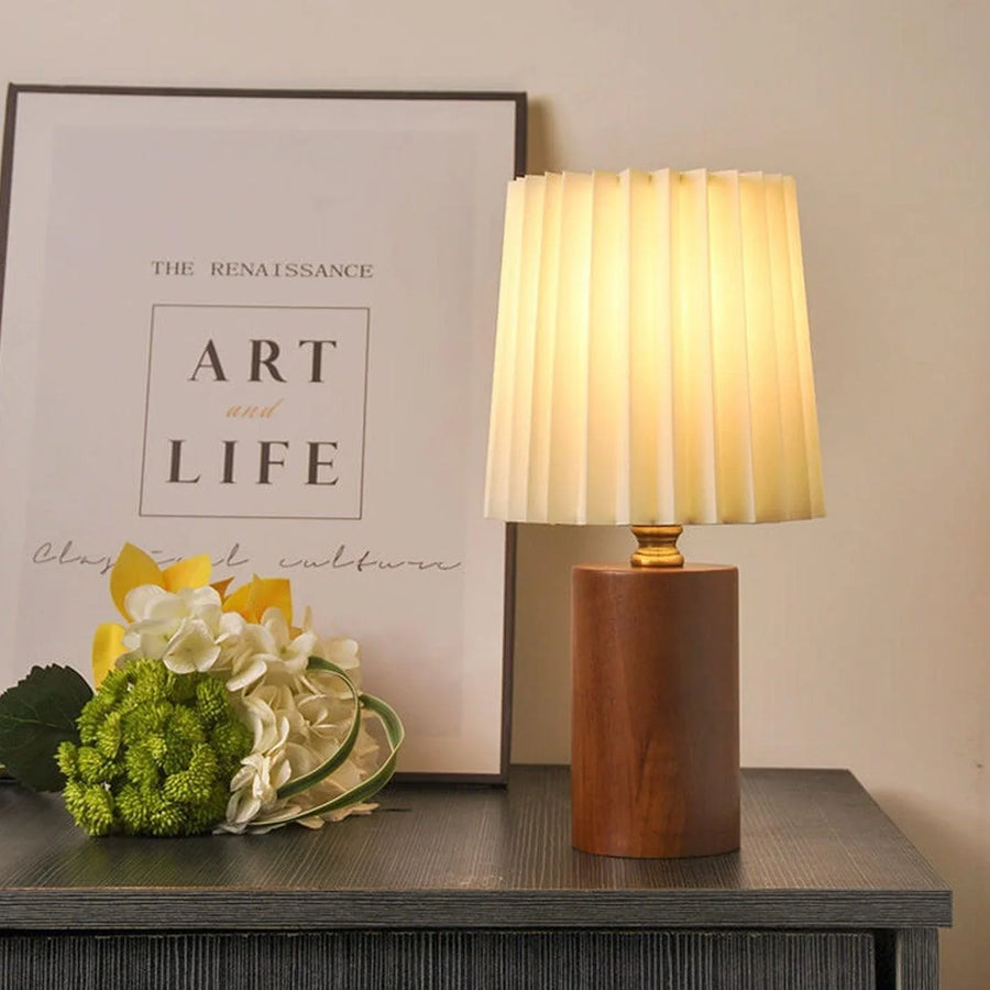Vintage Korean Pleated Fabric Cylinder LED Table Lamp