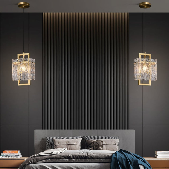 Brass Geometric Pendant Light with Water-Ripple Glass
