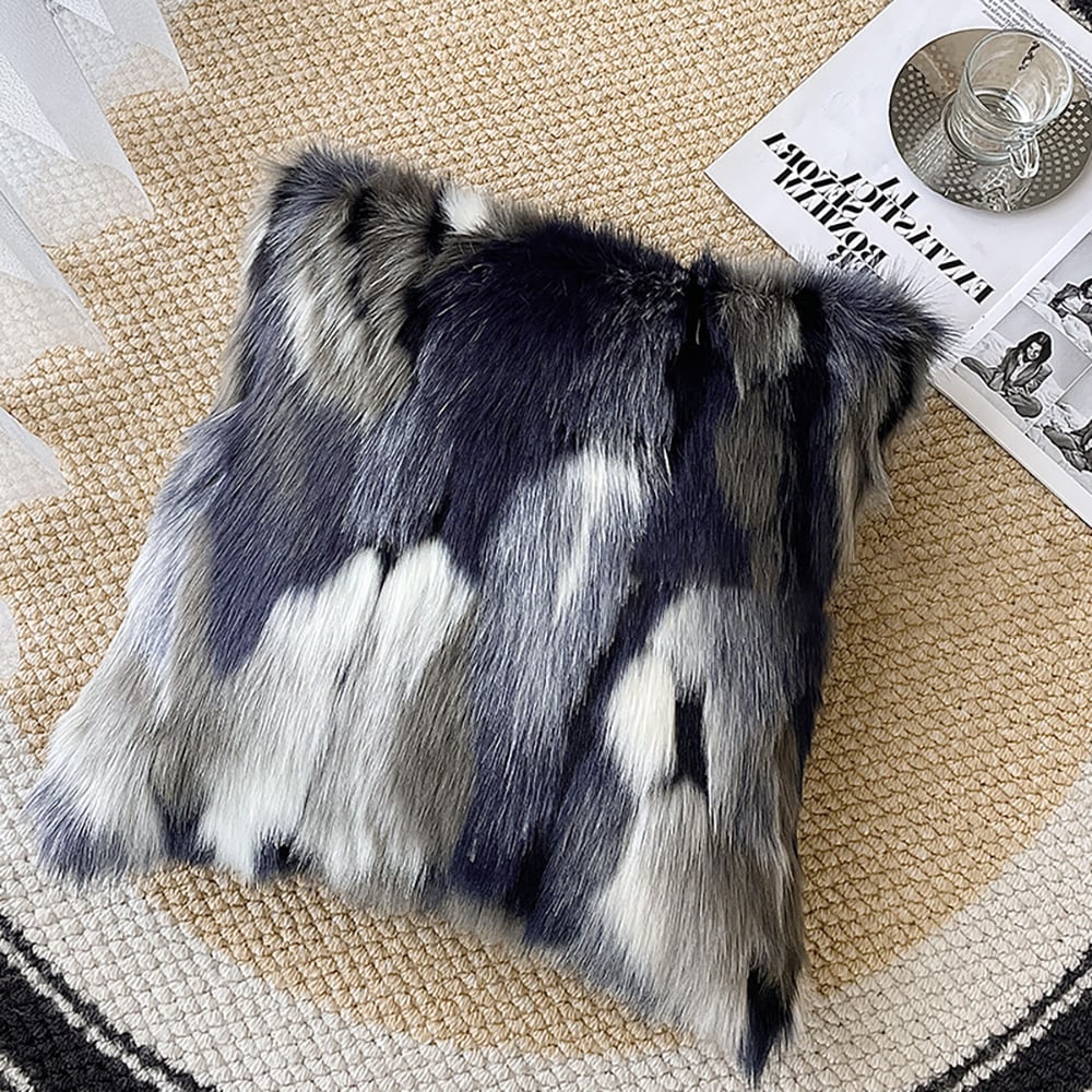 Faux Fur and Velvet Cushion Cover in Blue and Grey
