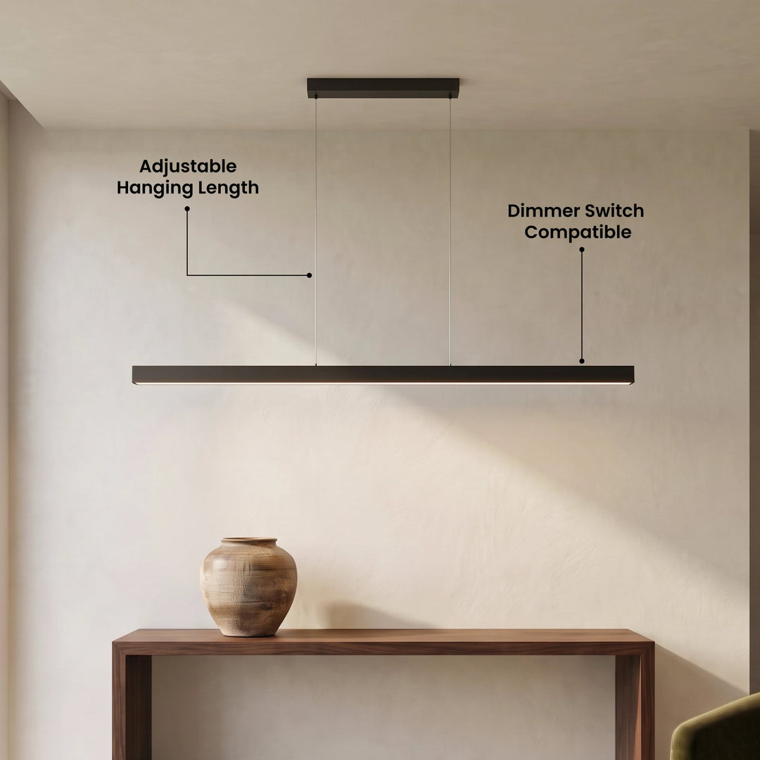 Linear LED Pendant Light | Black or Copper, Wood Detail