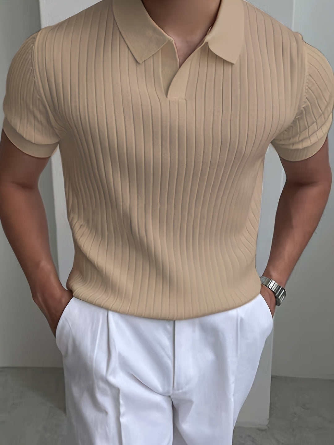 Men's Short-Sleeve Ribbed Open-Collar Summer Polo Shirt – image 11