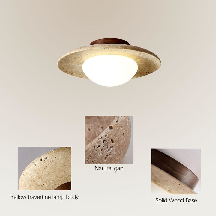 Travertine and Walnut Ceiling Light | Opal Dome, 25 cm