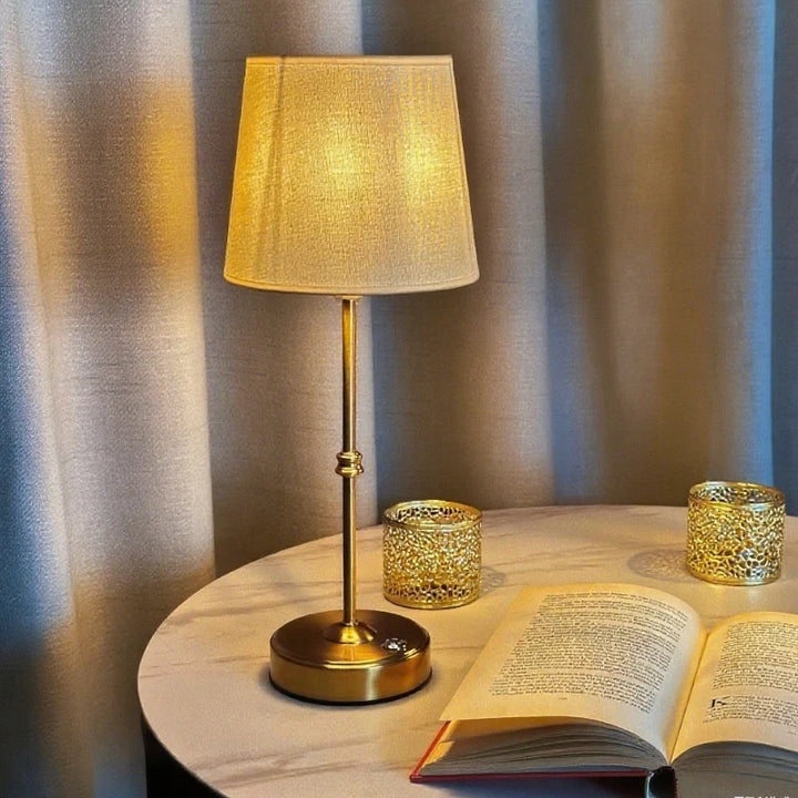 Brushed Metal Cordless Table Lamp with Fabric Shade
