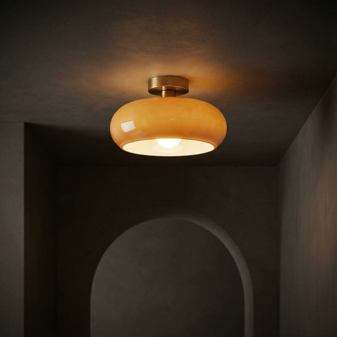 Vintage Amber Glass Flush Mount Ceiling Light With Brass Canopy