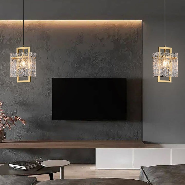 Brass Geometric Pendant Light with Water-Ripple Glass