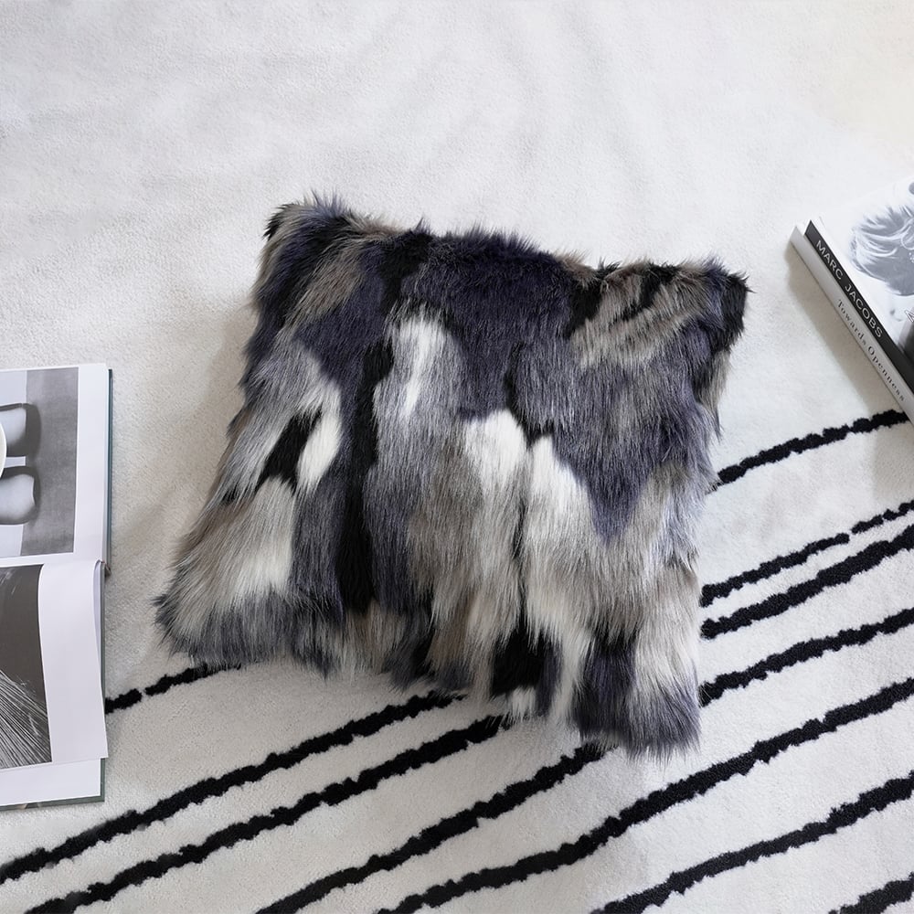 Faux Fur and Velvet Cushion Cover in Blue and Grey