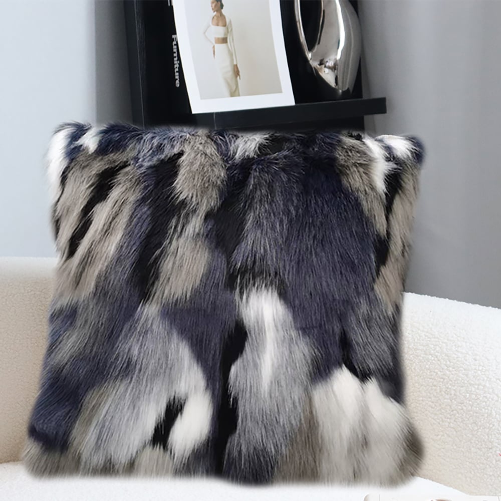Faux Fur and Velvet Cushion Cover in Blue and Grey