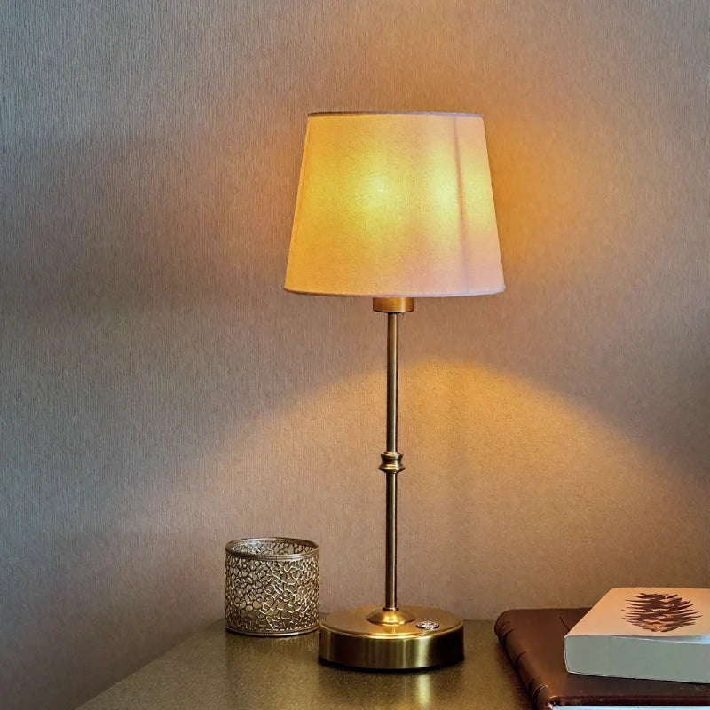 Brushed Metal Cordless Table Lamp with Fabric Shade